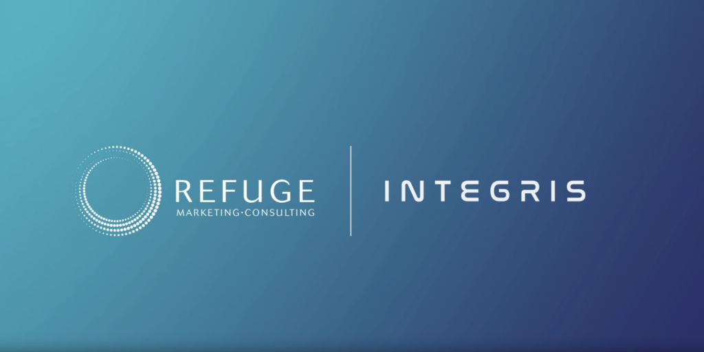 REFUGE Marketing & Consulting and Integris Ventures' white logos on blue background announcing acquisition