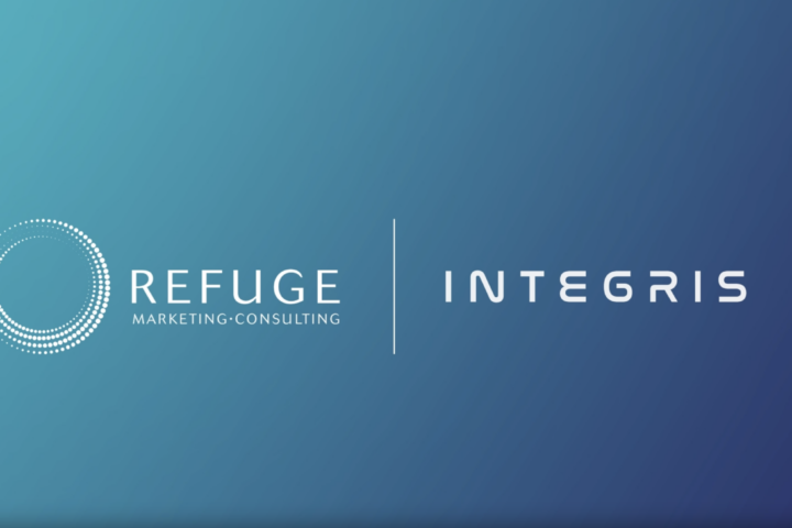 REFUGE Marketing & Consulting and Integris Ventures' white logos on blue background announcing acquisition