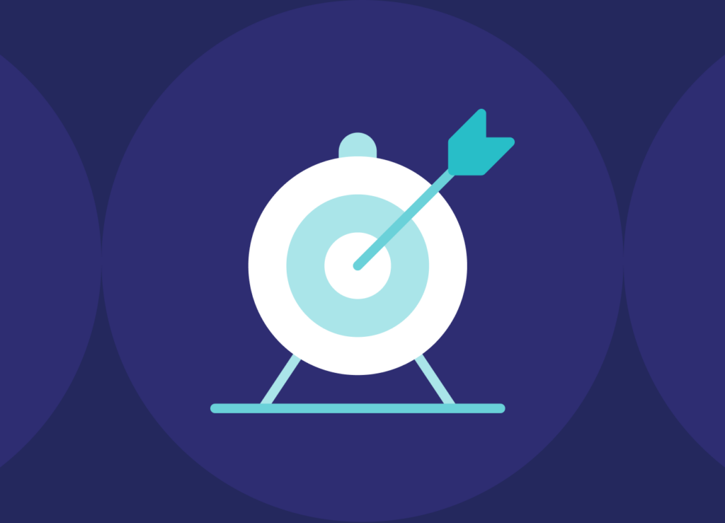 A flat-style icon of an archery target on a stand with an arrow hitting the bullseye, set against a dark blue circular background.