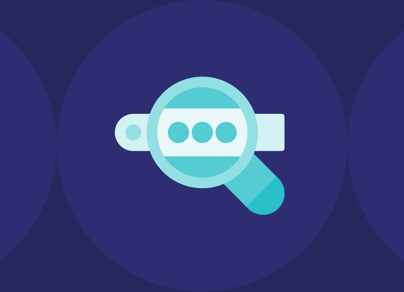 A flat-style icon of a magnifying glass hovering over a horizontal bar with three dots, set against a dark blue circular background.