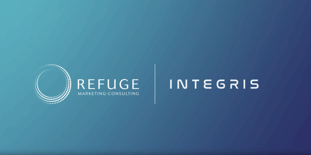 REFUGE Marketing & Consulting and Integris Ventures' white logos on blue background announcing acquisition