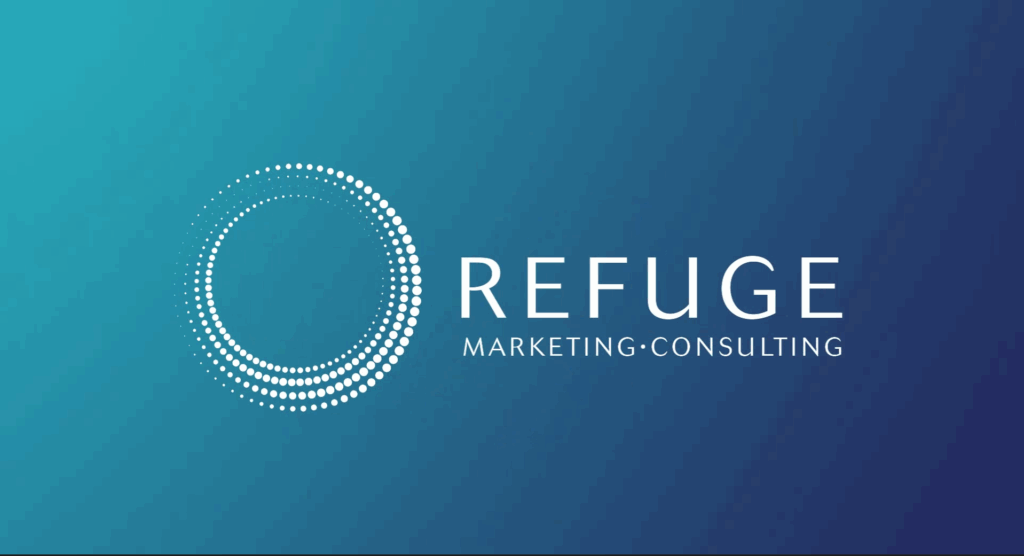 REFUGE Marketing & Consulting logo in white on blue background