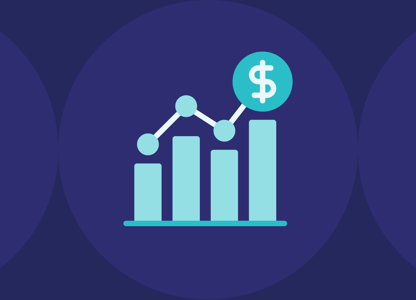 An icon showing a light blue bar chart with a rising line graph and a dollar sign symbol, set against a dark blue circular background.