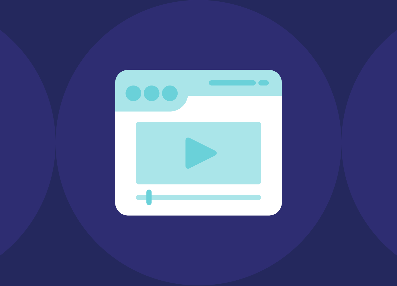 A flat-style icon of a web browser window containing a video player with a play button, set against a dark blue circular background.