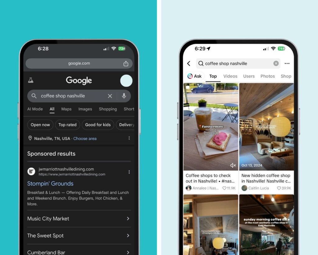 A split-screen graphic titled 'The Search Evolution.' The left side shows a traditional Google SERP for 'coffee shop nashville' featuring a map, text-based blue links, and review ratings. The right side shows a TikTok search feed for the same query, featuring a dense grid of vibrant vertical video thumbnails showing latte art, cozy interior aesthetics, and creators filming themselves in cafes. The contrast highlights the shift from text-heavy information to visual, creator-led discovery.