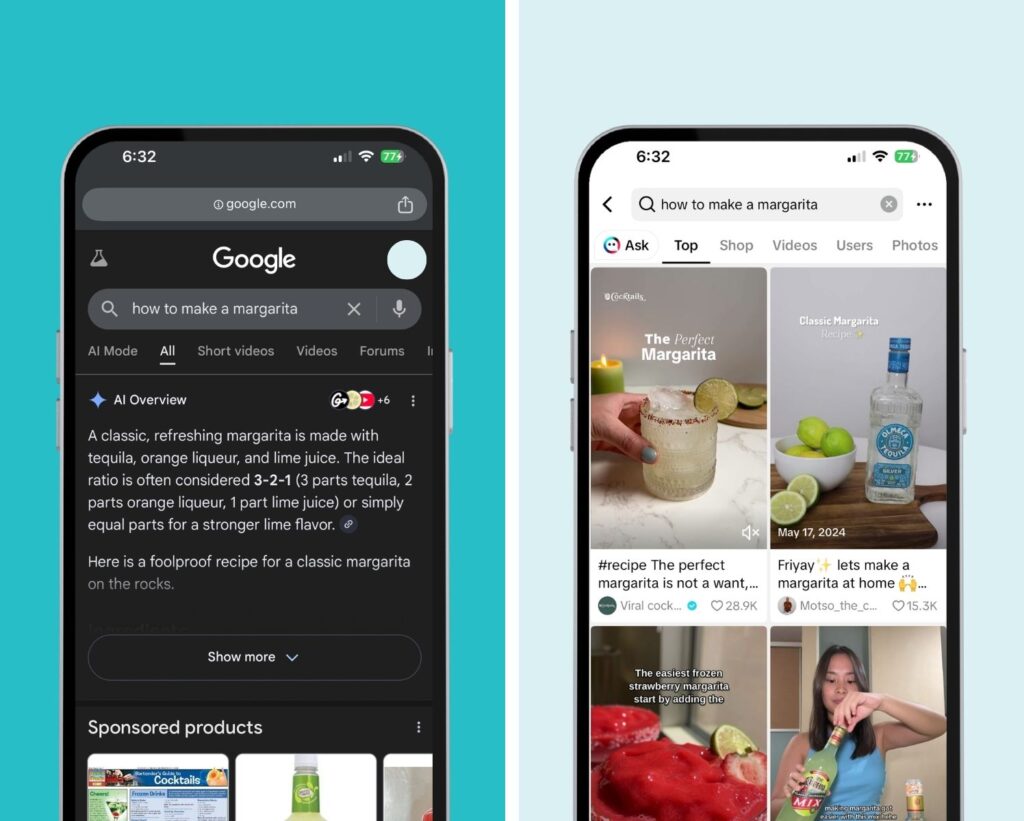 A split-screen comparison titled 'The Search Evolution' for the query 'how to make a margarita.' The left side shows a traditional Google search page with a 'Recipe' rich snippet at the top, featuring a star rating, a 5-minute prep time, and a list of ingredients like tequila and lime juice. The right side shows a TikTok search feed with a vertical grid of high-energy video thumbnails. These thumbnails show creators rimming glasses with salt, pouring cocktails in slow-motion, and using text overlays like 'The ONLY Margarita Recipe You Need.' The graphic illustrates the move from structured data to personality-driven video tutorials.