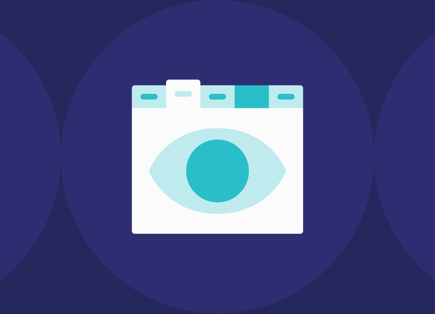 An abstract, flat-style illustration featuring a stylized browser window at the center of a dark purple background with three large, overlapping circular gradients.