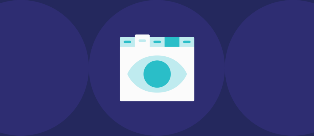 An abstract, flat-style illustration featuring a stylized browser window at the center of a dark purple background with three large, overlapping circular gradients.